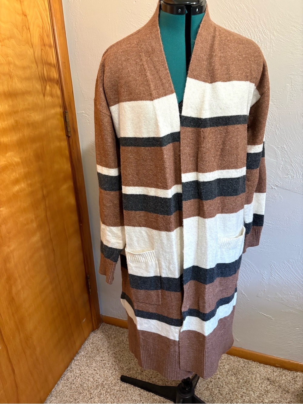 LOFT Brown, Cream & Charcoal Striped Open-Front Cardigan